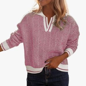 Women’s Lapel V Neck Color Block Stripes Sweaters Drop Shoulder Long Sleeve